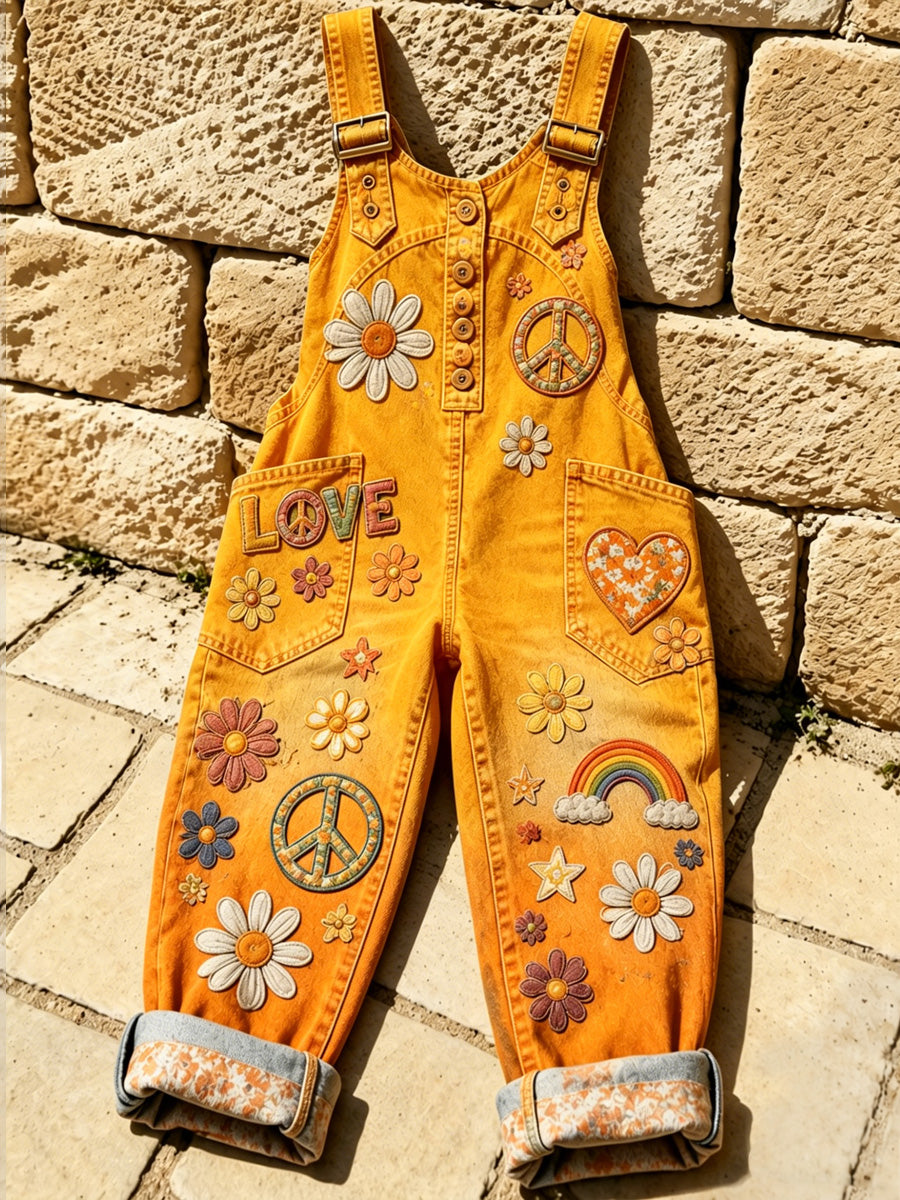 Women's Retro Style Print Washed Cotton Denim Patchwork Jumpsuit